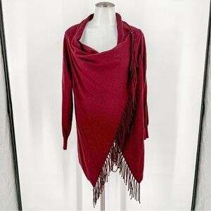 Love Tree Maroon Cowl Neck Cross Button Front Fringe Sweater